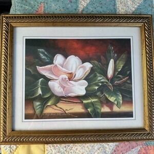 VTG Peggy Thatch Sibley Magnolia Floral Art Print Gold Ornate Framed Cottagecore